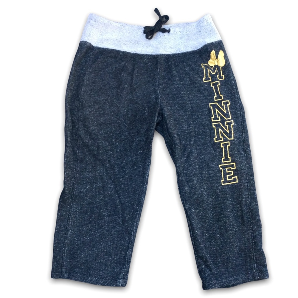 Disney Minnie Mouse Capri Drawstring Stretchy Gray Gold Women Pants Lounge Wear